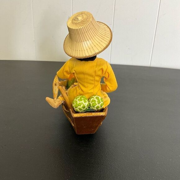 Vintage Wooden Polynesian Model Boat With Ethnic Woman Local Dress Hala Fruit - Picture 6 of 8